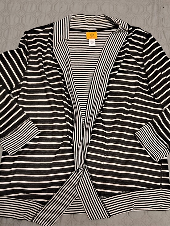 Ruby Rd. Tops - Ruby Rd Striped Open Front Cardigan - Black & White Sz L